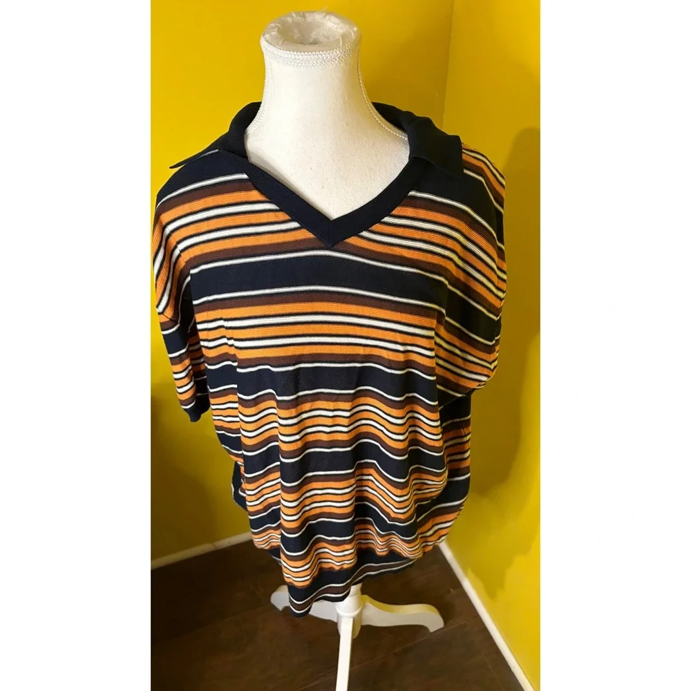 Banana Republic Cotton Sweater Polo Shirt XL Orange Navy Blue Striped Retro Knit